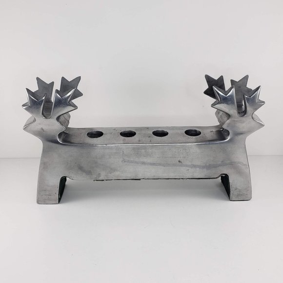 Unmarked Accents Double Reindeer Taper Candle Holder Silver Cast